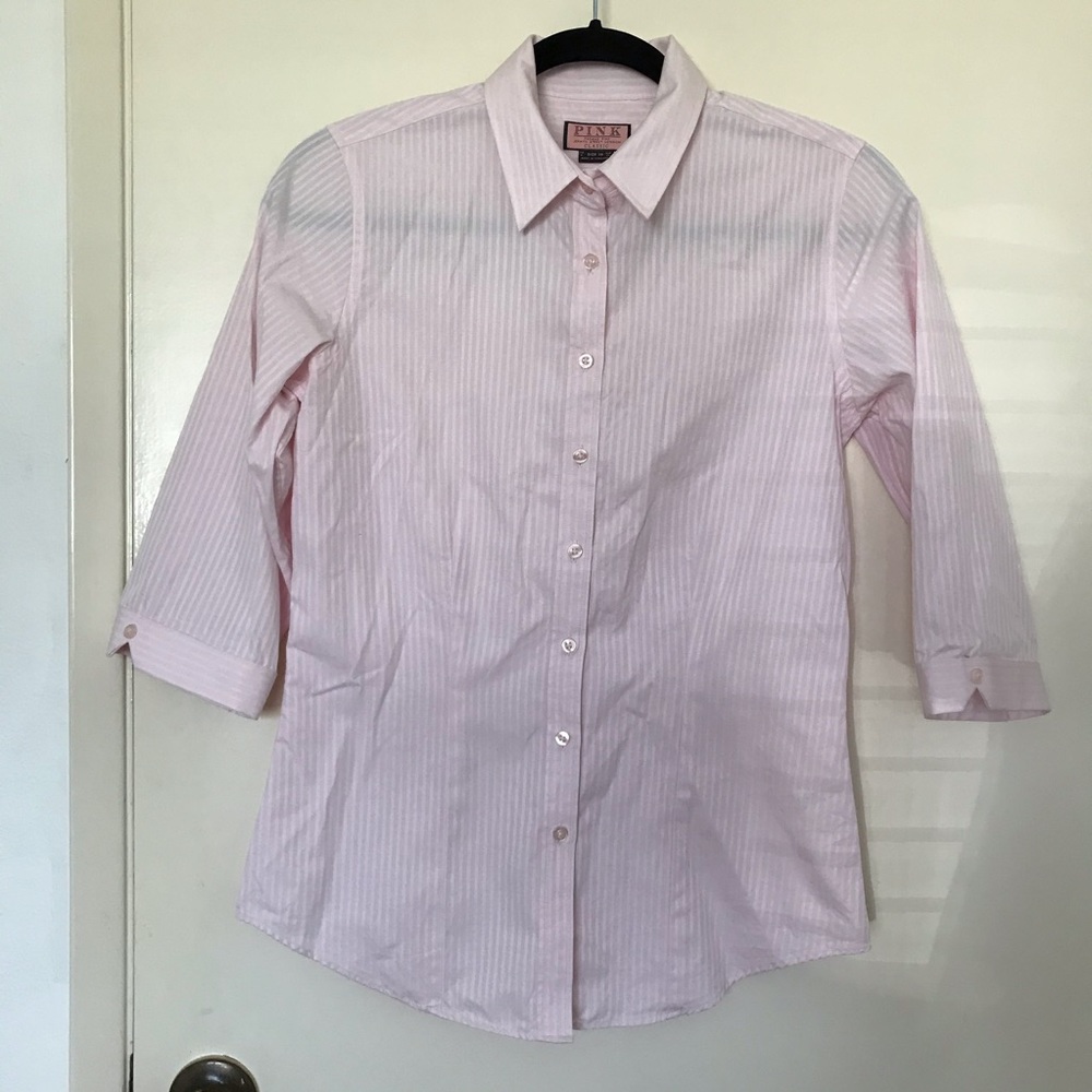 Thomas pink women’s 3/4 sleeve striped button down size 6 in pink